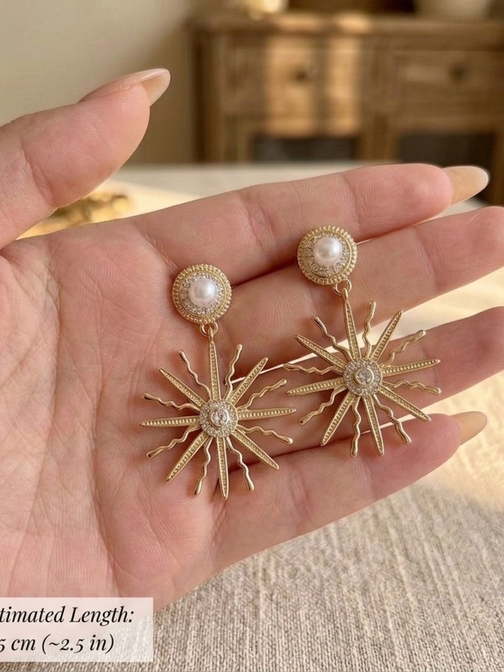 Gold Sunburst Pearl Drop Earrings for Women